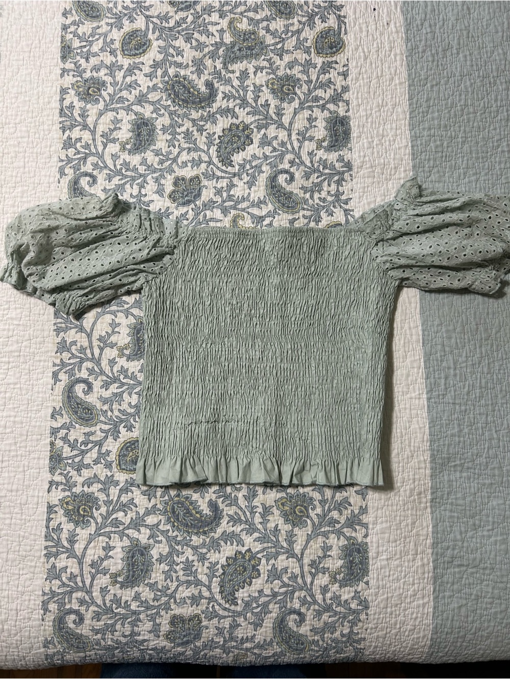 Smocked Puff-Sleeve Crop Top in Sage Green